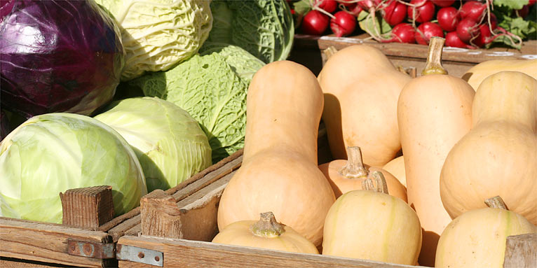 Marktstand mit Kohl, Wirsing, Flaschenkürbissen und Radieschen - Foto: Helge May