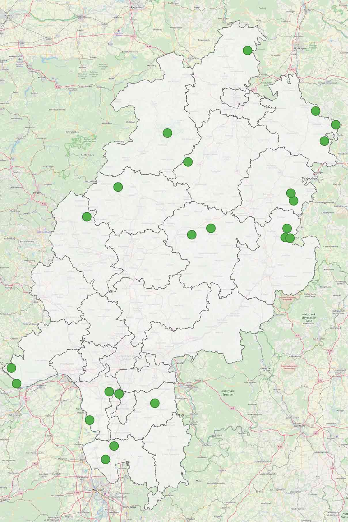 Übersicht zur Lage der größten Naturwälder (&gt; 170 ha) in Hessen - Karte: NABU Hessen