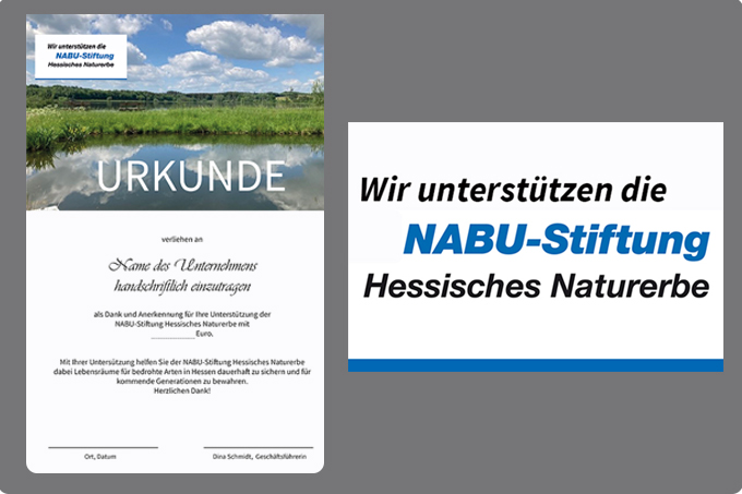 Urkunde und Banner Stiftungsunterstützer*innen - NABU-Stiftung Hessisches Naturerbe